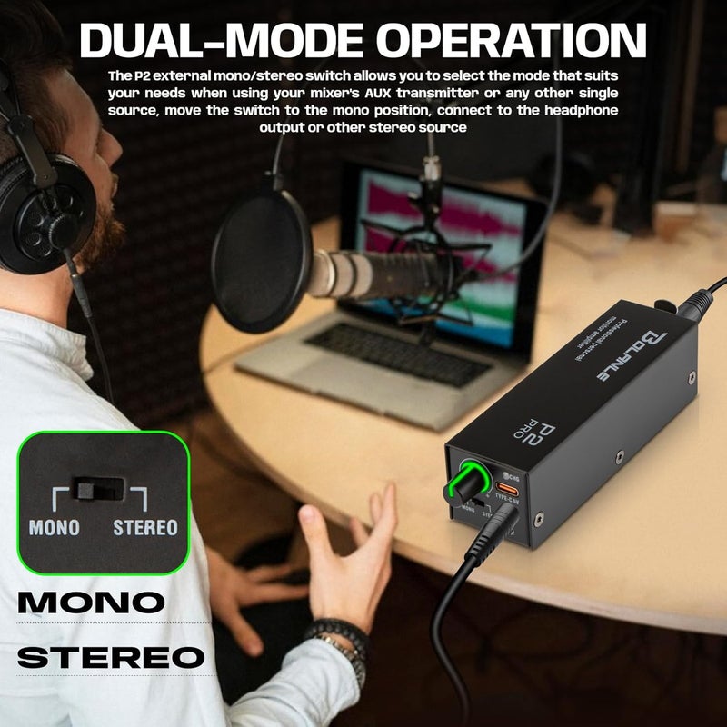 Bolanle P2 USB C Portable in Ear Monitor Amplifier, Headphone Amp with XLR and TRS Input 3.5mm Output, Headphone Amplifier with Stereo/Mono Switch for Keyboardists, Drummers, Guitar (Single Channel-Black) - Image 2